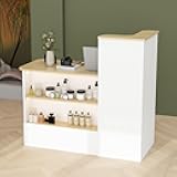 White Small Reception Desk with Lockable Drawer, Business Work Front Desk with Open Storage Shelves & LED Light, Compact Office Display Counter Table, Counter Reception Table for Salon