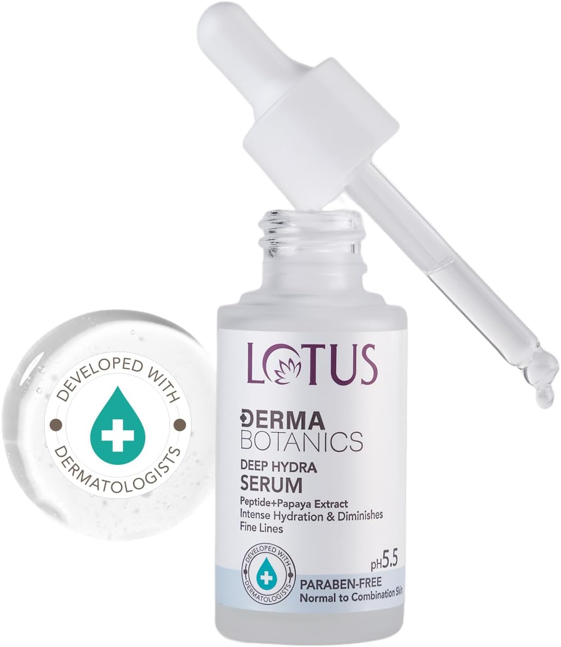 Lotus Dermabotanics Peptide + Papaya Extract Deep Hydra Serum | Diminishes Fine Lines | Boosts Collagen | Made With Dermatologists | pH 5.5 | Non-Irritating | Normal To Combination Skin | For women & Men | 28ml
