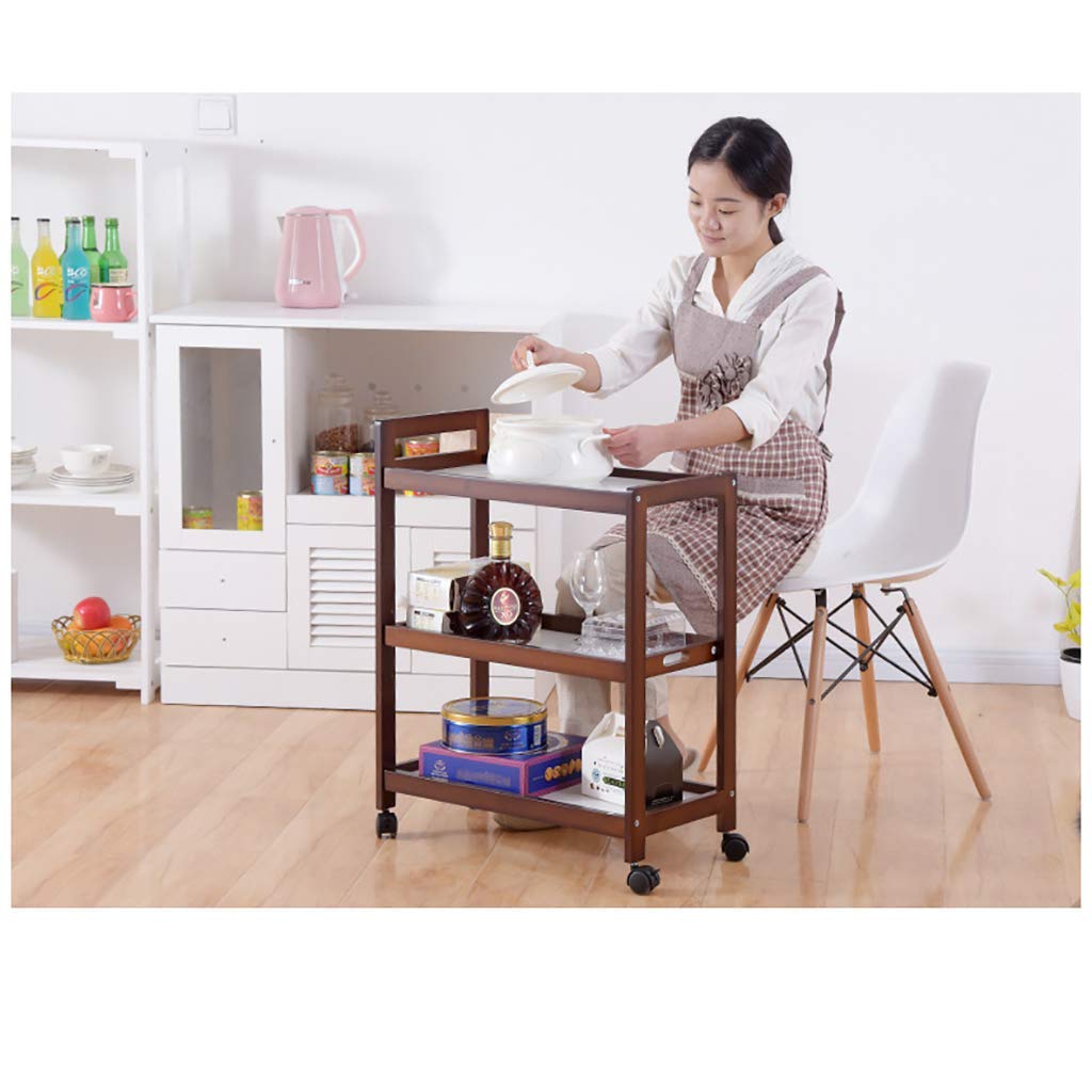 Carrito de Almacenamiento, Carrito de Servicio, Carrito de Comedor de 3 Capas, Soporte de Madera, Bandeja de Madera Maciza, 4 Ruedas universales con Ruedas de Bloqueo pa