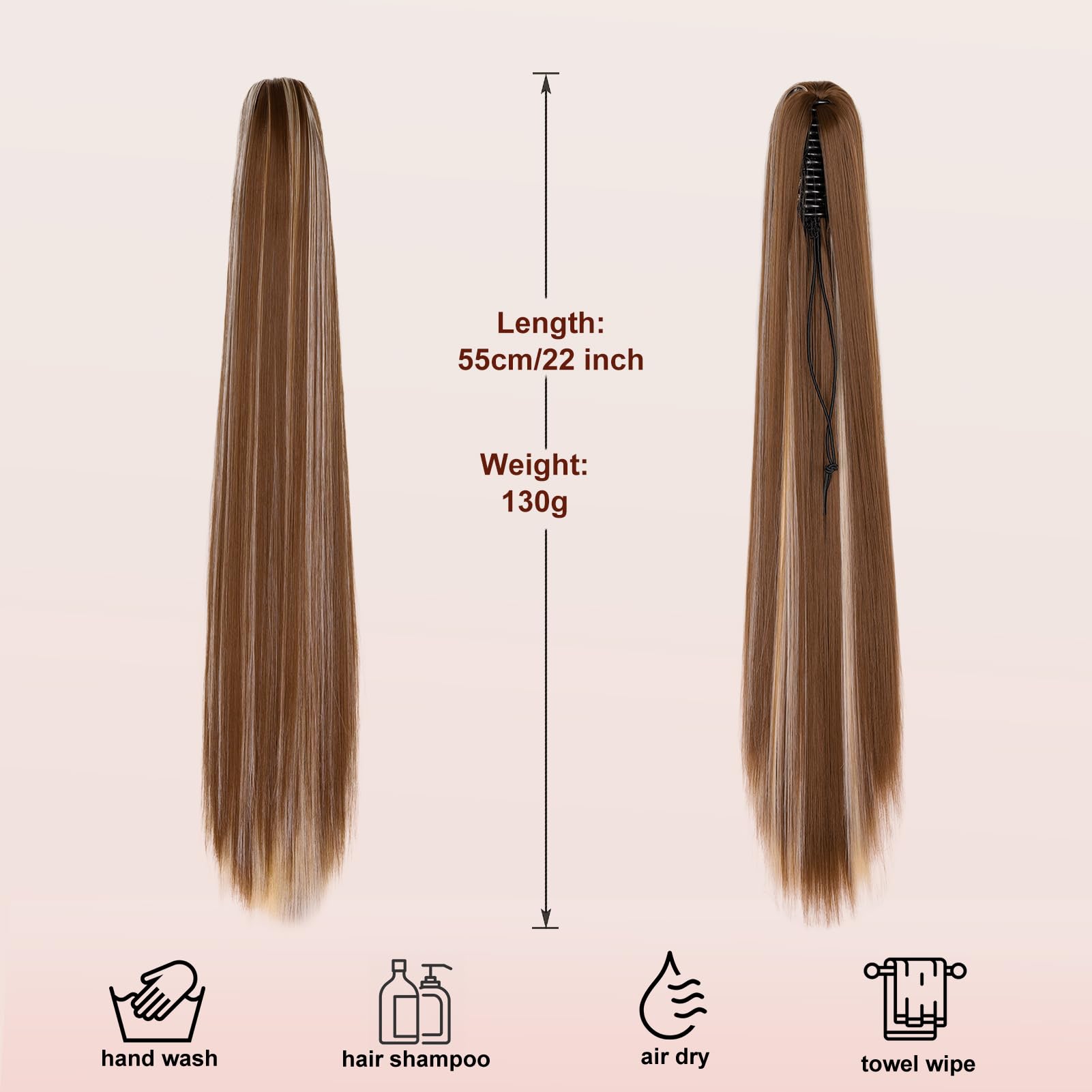 Dcbaboo 22inch Claw Clip in Ponytail Hair Extensions Long Straight Ponytail Extension Synthetic Pony tails Natural Wave One Piece Hairpiece Fake Ponytail for Women Golden Brown&Bleach Blonde - Image 3
