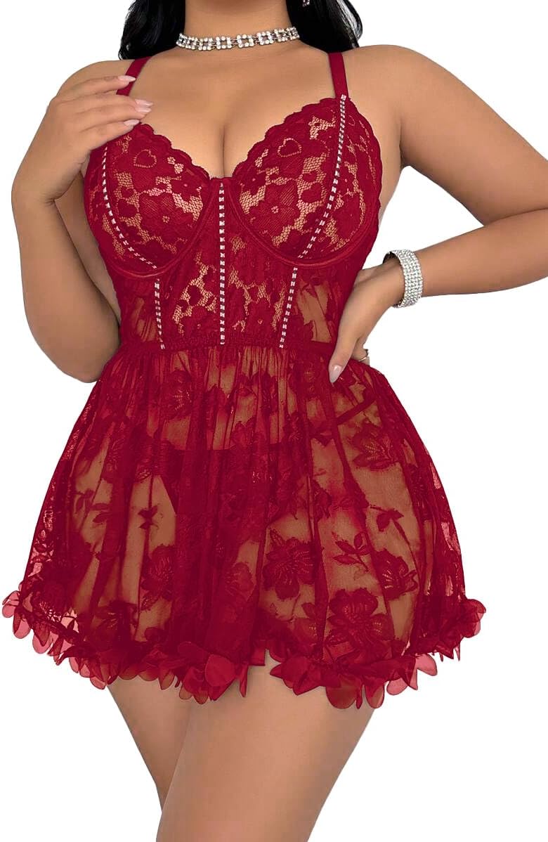 Plus Size Lingerie for Women Open Back Sexy Lingerie Dress Floral Lace Babydoll Chemise Lace Nightgown