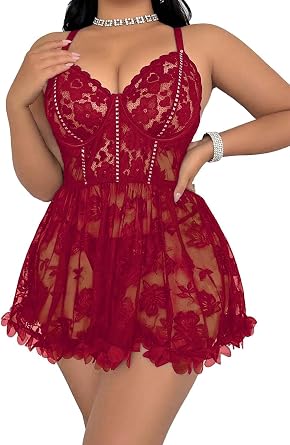 Mixxmix Plus Size Lingerie for Women Open Back Sexy Lingerie Dress Floral Lace Babydoll Chemise Lace Nightgown