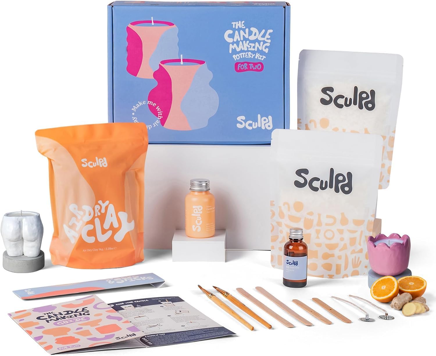 Sculpd - El kit original de fabricación de velas y cerámica - Juego completo de arte para 2 personas: incluye arcilla seca al aire, cera de soja, fragancia y herramientas, regalo de manualidades para