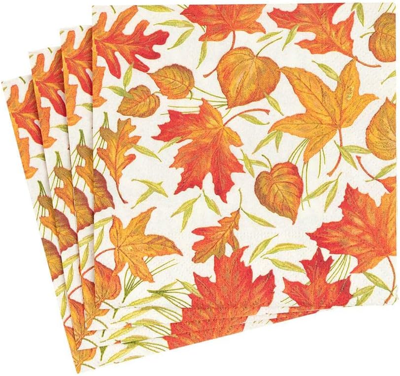CaspariWoodland Leaves Paper Cocktail Napkins in Ivory - 20 Napkins Per Package, Fall Napkins Made of Triple Ply Paper, Autumn Themed Disposable Napkins, Great Dinner and Cocktail Napkins