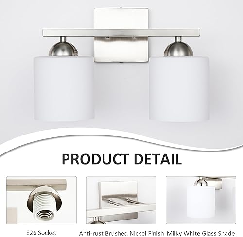 Miniatura 2 de 2 luces de tocador de níquel cepillado para baño, modernas lámparas de baño sobre espejo, luz de tocador con pantallas de vidrio blanco lechoso,