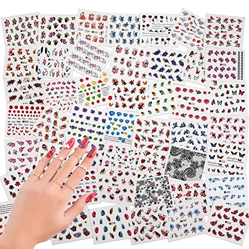 1000+Patterns (50 Sheets) Nail Art Accessories Stickers Flowers,AKWOX Colorful Nail Art Water Transfer Decals with Butterflies Kisses Feather for Women Grils Teens Manicure DIY