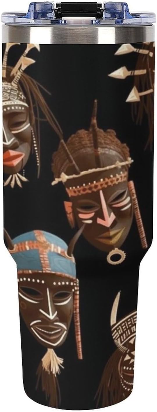 African Ritual Ethnic Tribal Travel Coffee Mug Reusable Durable Stainless Steel Insulated Tumbler with Handle And Straw Leak Resistant Portable Thermal Cup Gifts for Men Women 40 Oz