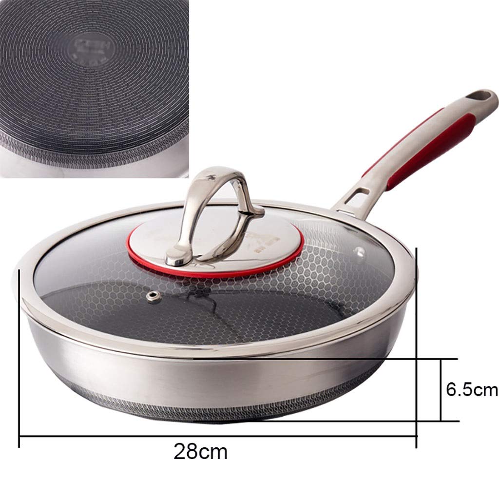 SH-chaoguo Fry Wok/Frying pan/ 304 Stainless Steel uncoated Non-Stick pan/Cooking pan with lid (26/28 cm), for Induction Cooker, Gas Stove (Size : 28cm)