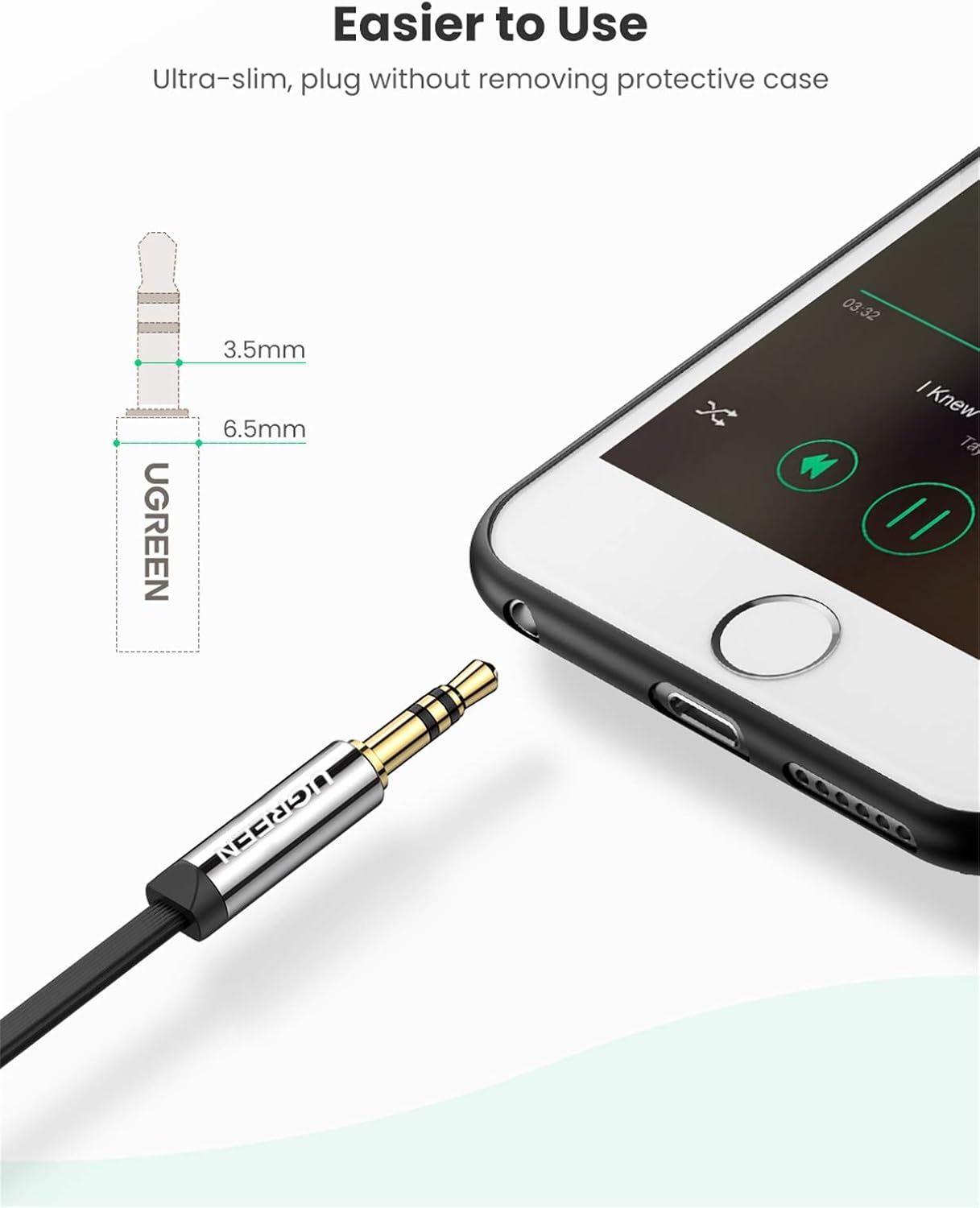 Cable conector Ugreen de 0.14 pulgadas. Entrada de audio auxiliar a un ángulo recto de 90grados para Apple (iPhone, iPod, iPad), Samsung,