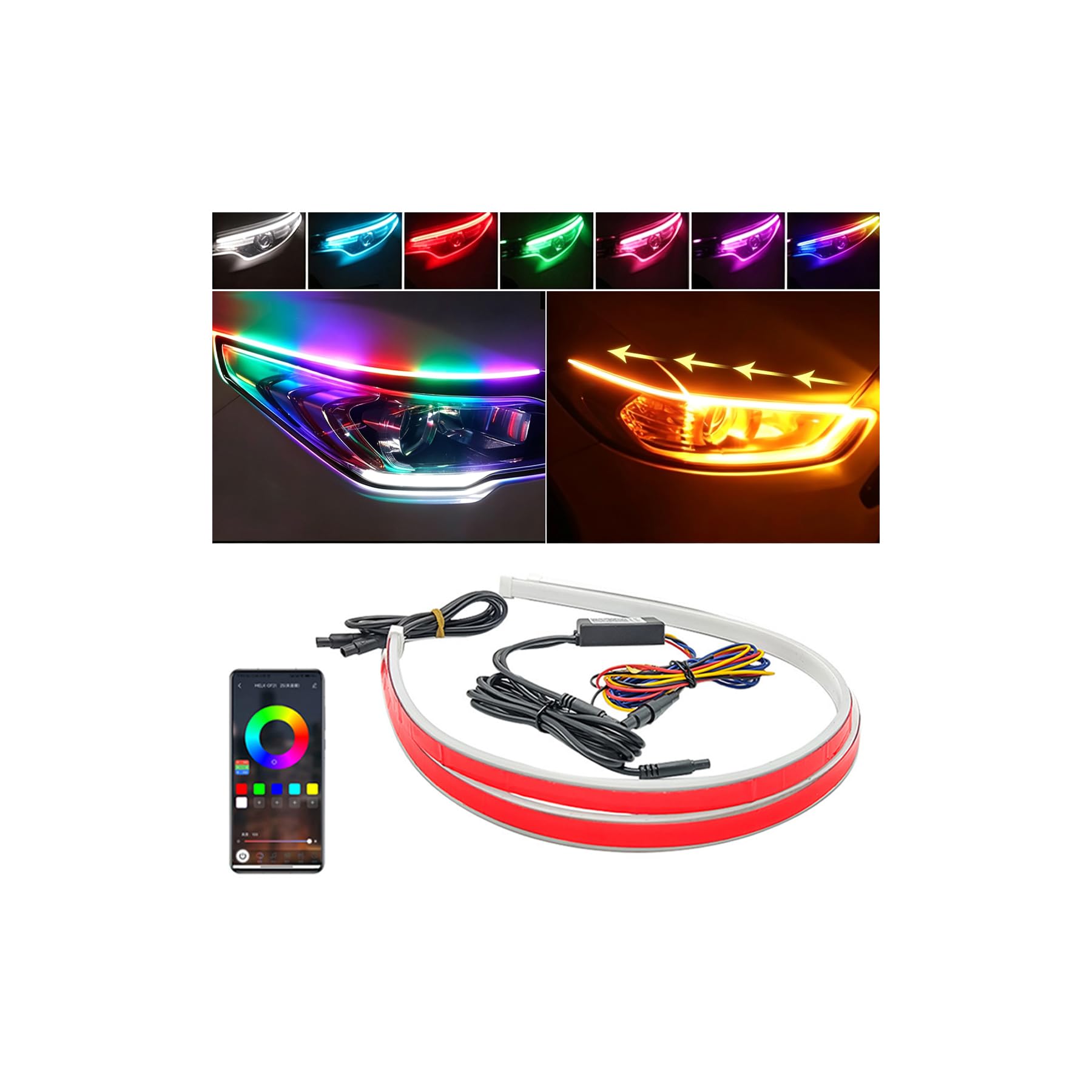 Indicatore di direzione con striscia luminosa RGB per auto,striscia luminosa di marcia diurna a LED flessibile e impermeabile con controllo app wireless,adatta per auto,moto (24pollici/12V)