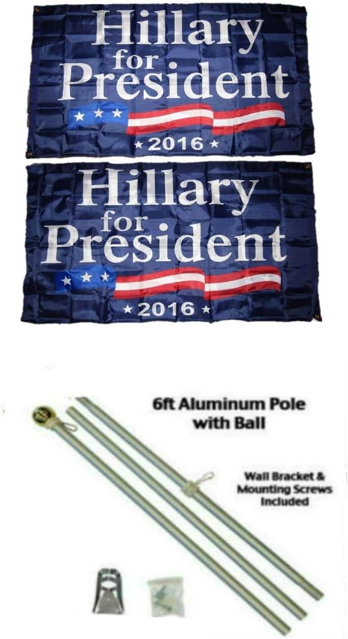 AES Hillary for President 3'x5' Polyester 2 Ply Double Sided Flag with 6' Aluminum Flag Pole Kit with Gold Colored Ball Topper