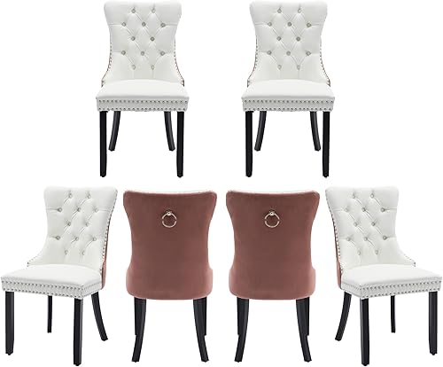 Miniatura 23 de Juego de 4 sillas de comedor de terciopelo, sillas de comedor tapizadas con ribete de cabeza de clavo, patas de madera, anillo de tracción, sillas