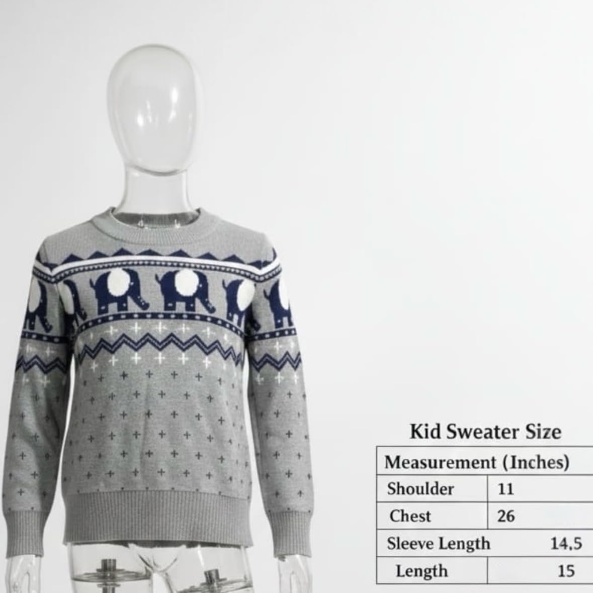Kids Grey Unisex Sweater Elephant Print Crew Neck Warm Winter Pullover Full Sleeve Chest 26 Inch 3