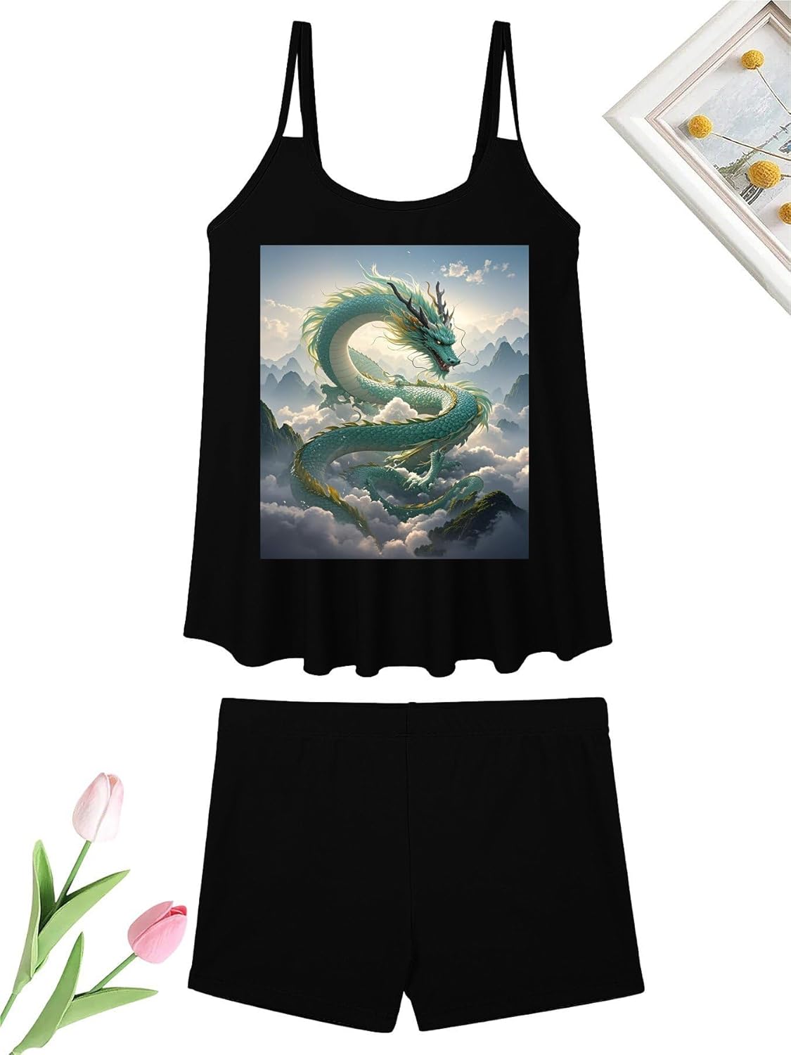 Qinglong Tankini Swimsuits for Women Tummy Control Two Piece Bathing Suits Swim Tops with Boy Shorts