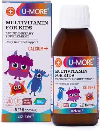 U-MORE Kids Multivitamin Syrup with Calcium, Vitamins C, B3, E, B5, Zinc, B2, B1, B6, A, D - Energy & Immune Support - 5.07 fl oz