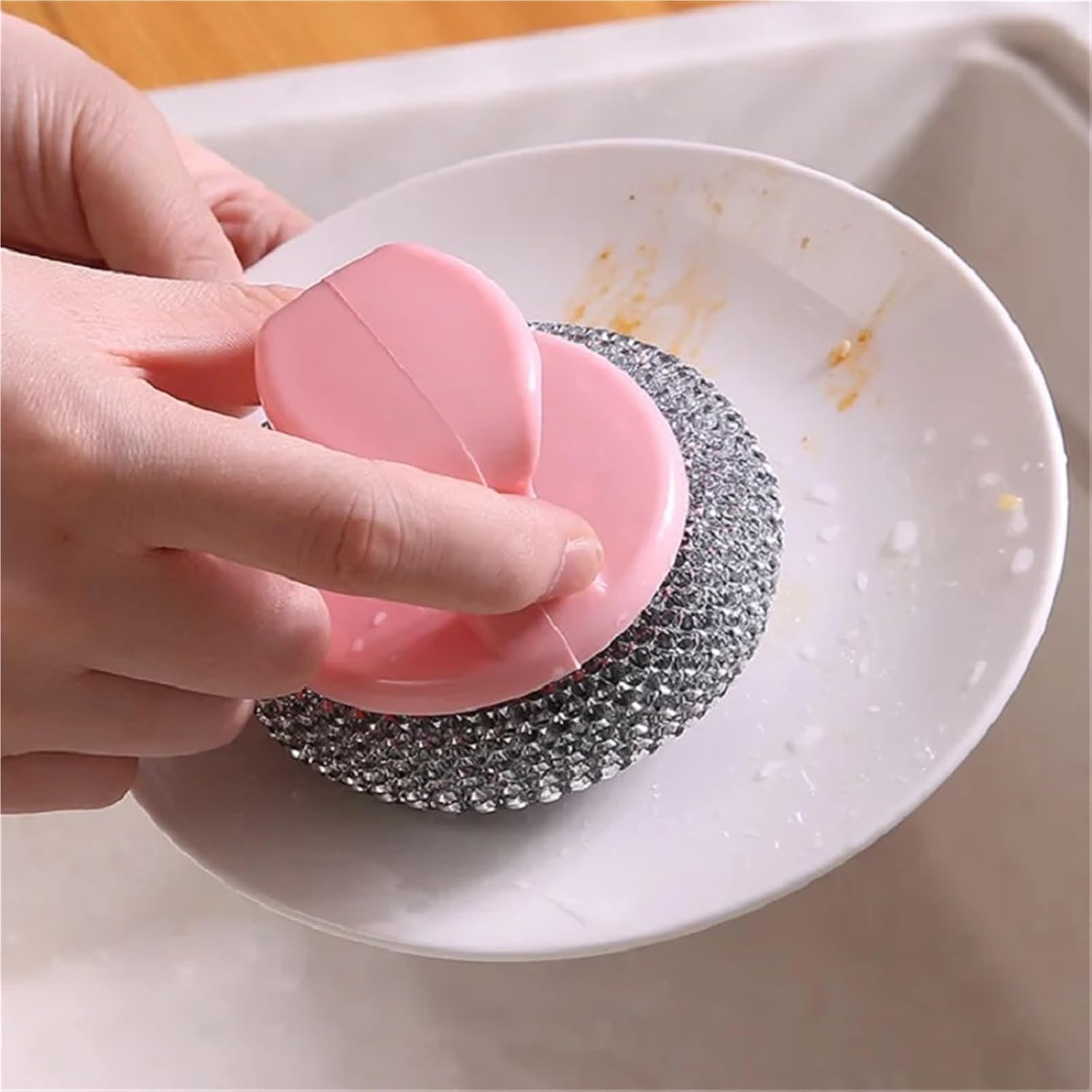 5pcs Stainless Scrubber Dish Kitchen Sponge Pads Brush Cleaning Metal Wool Handle Scouring Sponges Pot Scrubbing Scrub