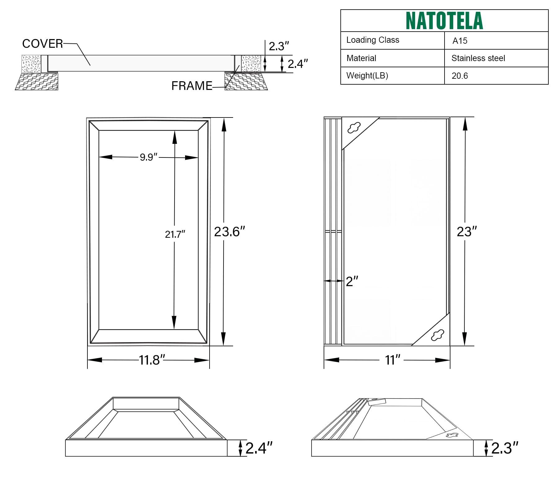 Cubierta de drenaje invisible de acero inoxidable rectangular de metal con rejilla de drenaje lateral para entrada, pavimento, drenaje de zanja, paisajes de drenaje, área de bajo flujo