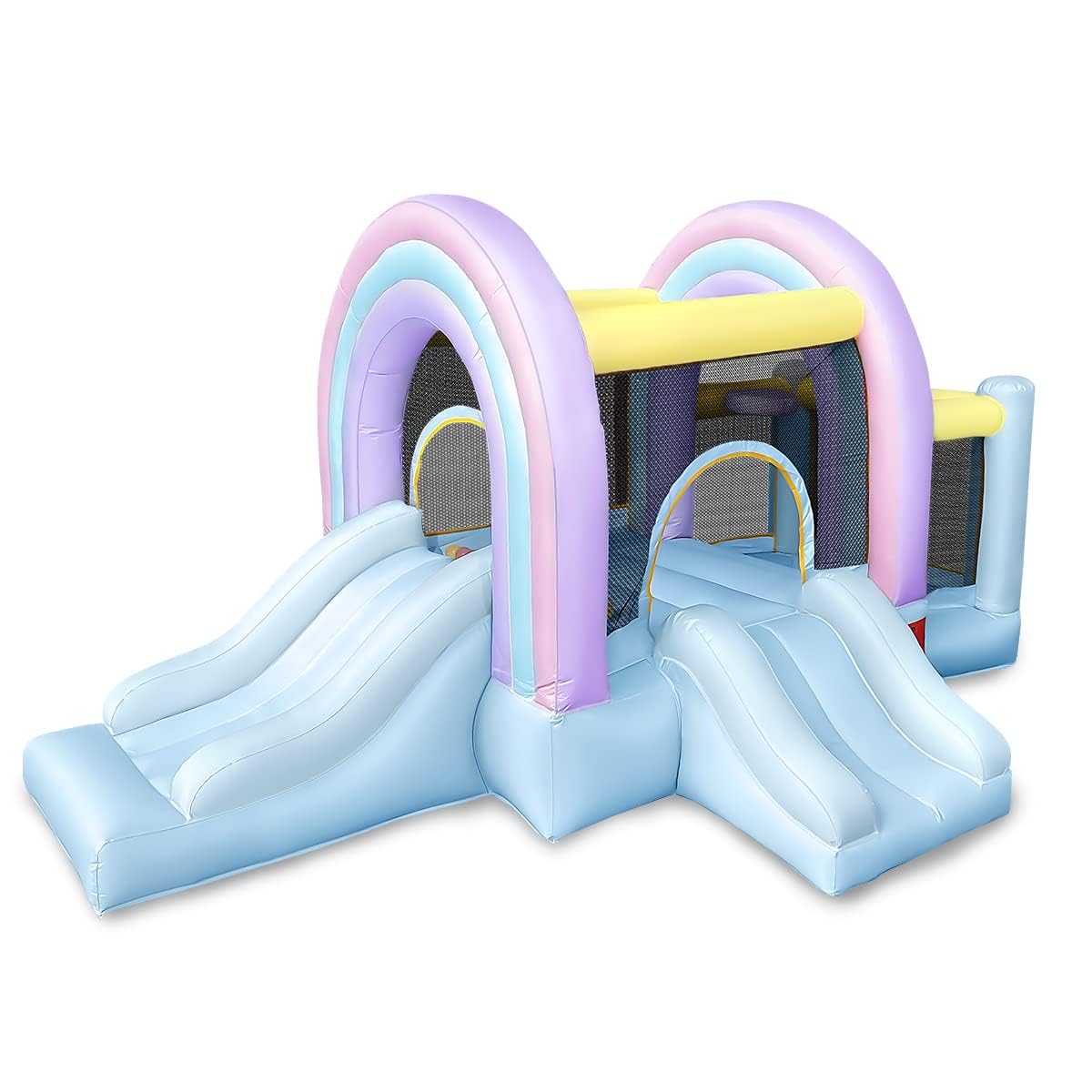 RETRO JUMP Marshmallow Rainbow Bounce House for Kids,Pastel Bouncer with Ball Play Room & Slide,Inflatable Bouncy Castle Outdoor with Blower,Basketball Hoop,30 Pastel Plastic Balls,Patch Kits,Stakes