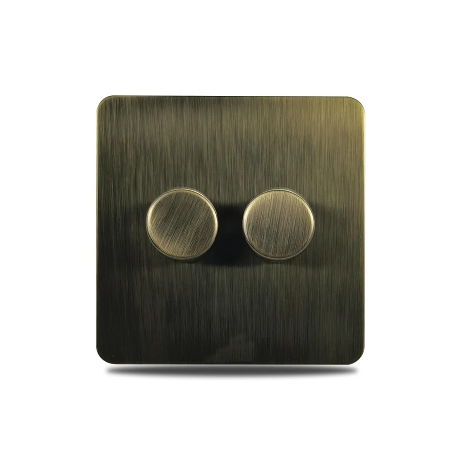 Interruptor de pared WALLPAD con regulador de intensidad, disponible en 1, 2, 3 o 4 posiciones. Perilla moleteada. Panel de acero inoxidable de 2 vías. Placa retro en bronce antiguo.