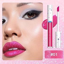 evpct 1Pcs Hot Pink Metallic Glitter Lip Gloss Stain lip color Lipstick for Women Long Lasting Waterproof 24, Rose Pink Frosted Metallic Shimmer Chrome iridescent Liquid Lipstick Lip Gloss Makeup, 01