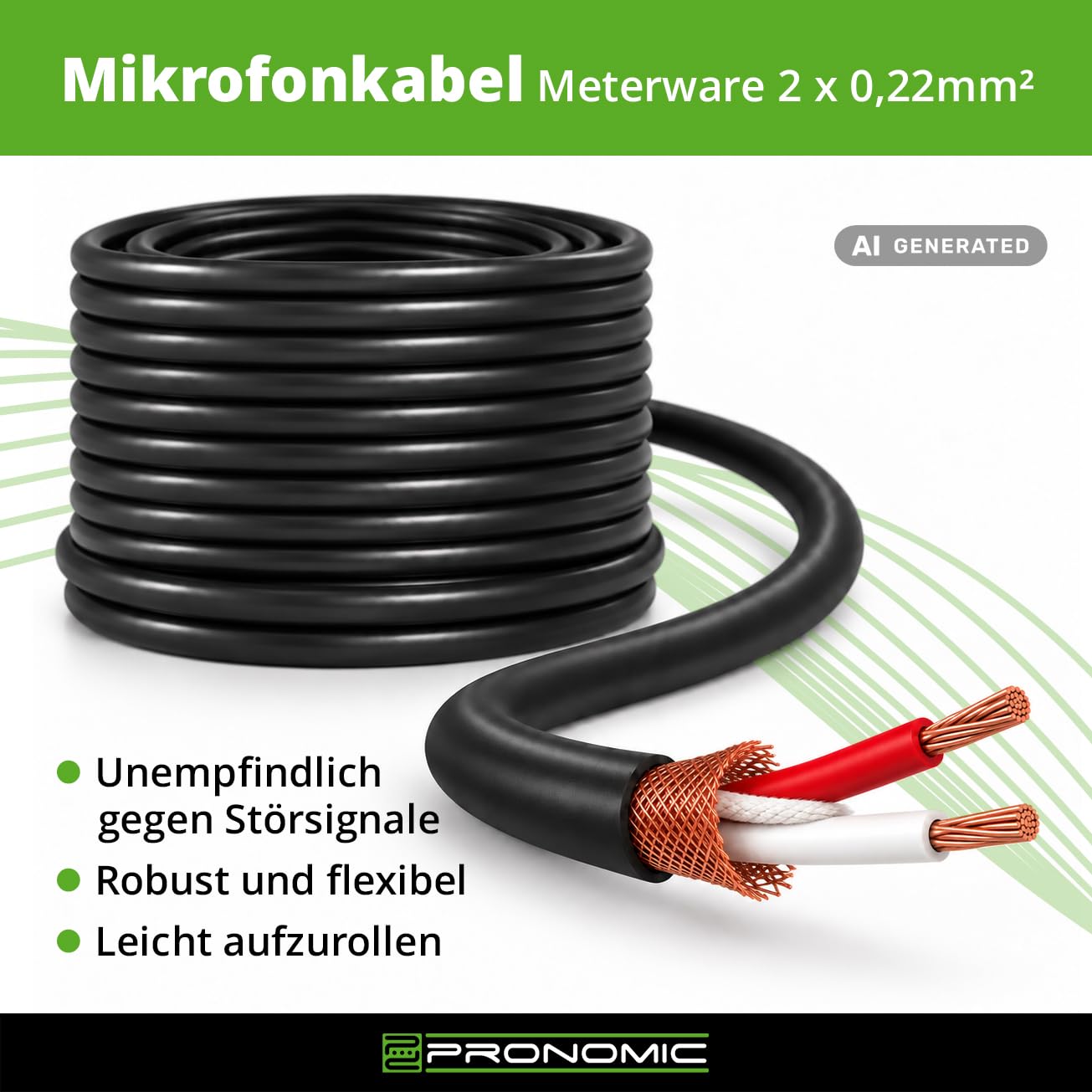 Pronomic Kabel mikrofonowy sprzedawany na metry, 50 m, czarny, symetryczny