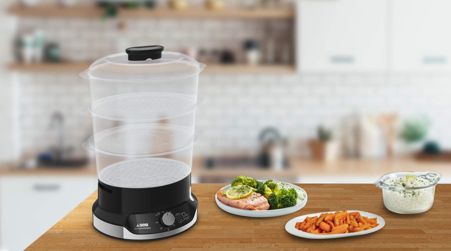 Tefal Ultracompact Dampfgarer, Stapelbares Aufbewahrungssystem, Gesundes Kochen, 3 Aufsätze, 60-Minuten-Timer, Auffüllen Beim Garen, 9-L-Kapazität, Inkl. Reis-Einsatz, 800 W, VC2048
