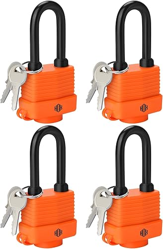 HOX Paquete de 4 candados resistentes a la intemperie, acero laminado de 1.575 pulgadas, cromado con grillete de 2 pulgadas, envuelto en vinilo,