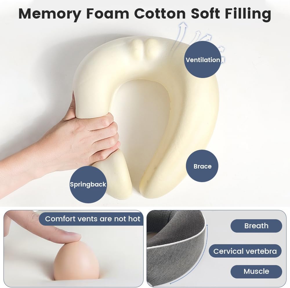 Memory Foam Neck Travel Pillow, Neck Pillow Airplane with Eye Mask & Ear Plugs, Designed for The Comfort of Travel & Office, Travel Pillow for Plane, Car, Home, Work， Grey
