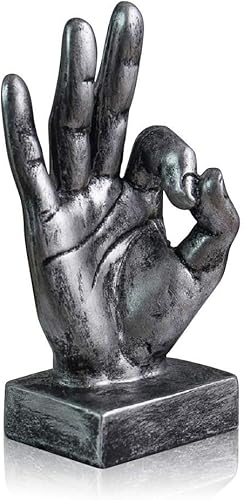 Lependor Decoración de escultura de dedo de estatuas de escritorio de gestos de mano de poliresina plateada - dedos de plata