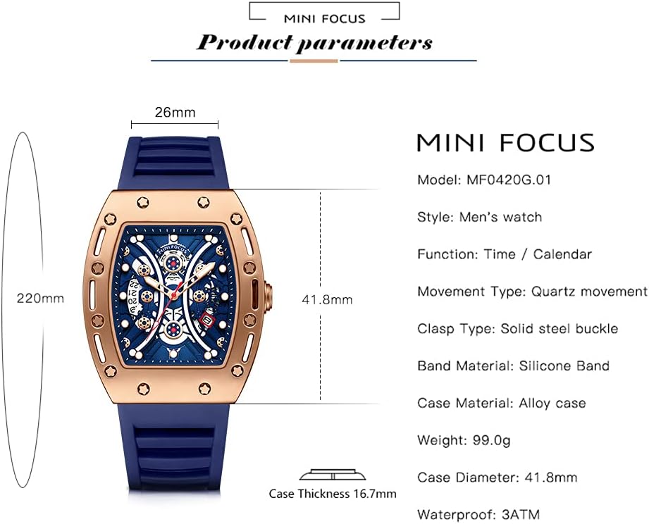 MF MINI FOCUS Watch for Men Wristwatch Fashion Hollow Big Dial Luminous Waterproof Sport Analog Quartz Business Mens Watches Blue Silicon Strap Dress Watch - Image 6