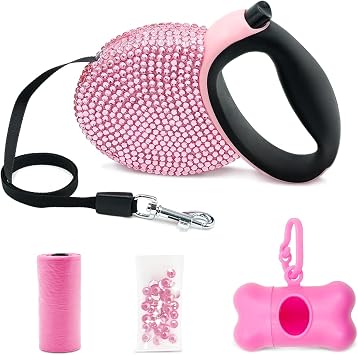Pink Rhinestone Retractable Dog Leash Bling 10ft, Sparkle Sparkling Pet Cat Leash for Small Breed, Bling Crystal Small Dog Leash Cute, Girl Dog Lead Waste Bags Dispenser Included, 360 Tangle-Free