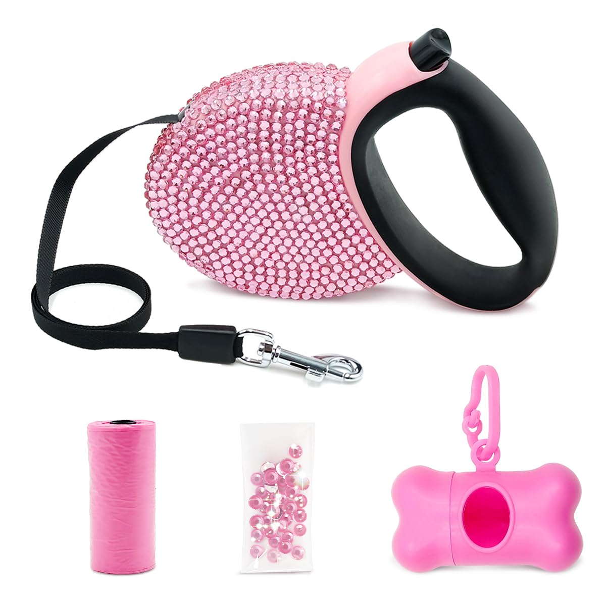Triumilynn Rhinestone Retractable Dog Leash Bling 10 ft, Smooth Retracting Pet Extendable Lead for Small Medium Breed Walking Training, One Button Release and Lock, Gift Waste Bags Dispenser Included