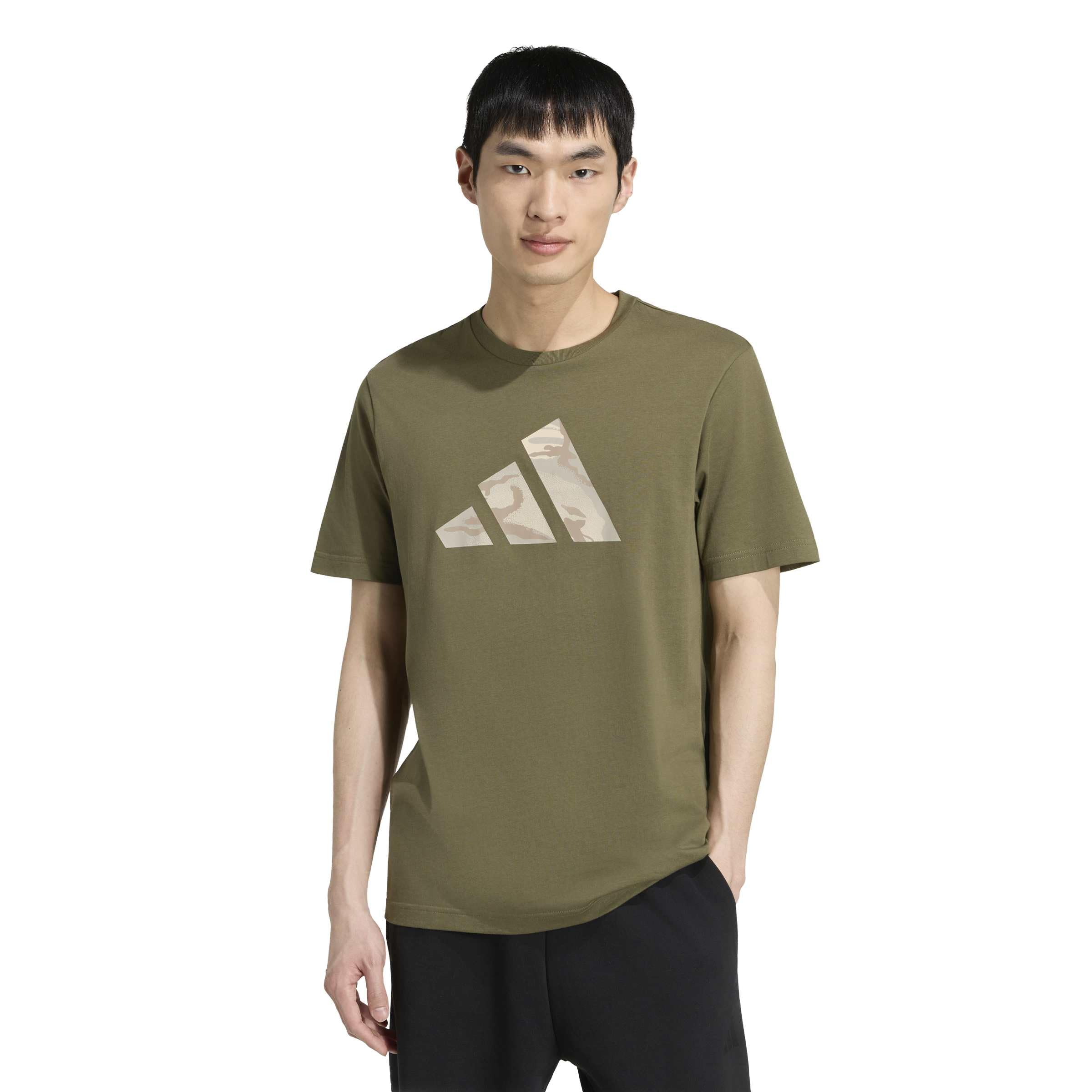 adidas Men's Camo Three Bar Logo Graphic Shirt, Olive strata, XL