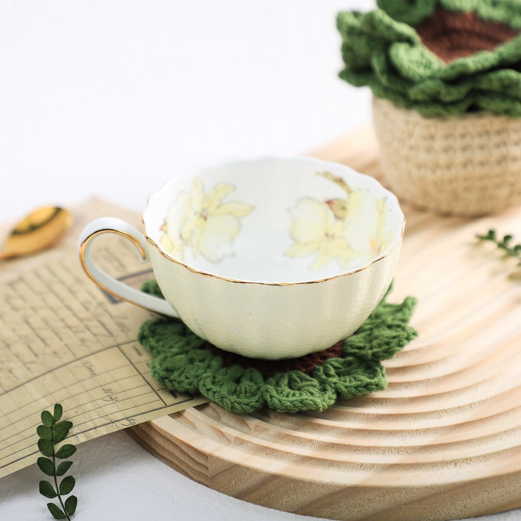 WAIT FLY ハンドメイドかぎ針編みコースター かぎ針編み植物ポット付き ラブリードリンクコースターセット コーヒーテーブル用