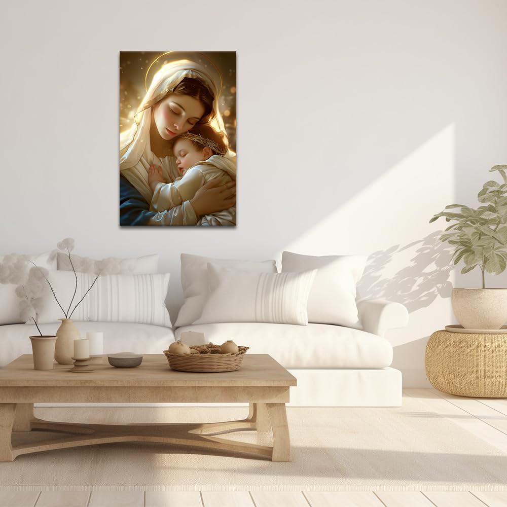 ZQQART Impression sur toile de la Vierge Marie - Bébé Jésus niché dans la Vierge Marie - Décoration murale chrétienne religieuse - Cadre prêt à accrocher (Vierge Marie 212 x 45,7 cm)