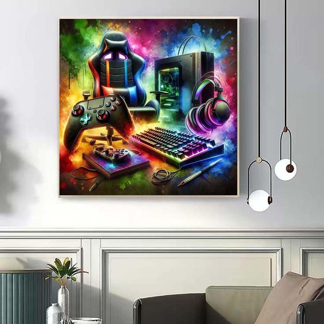 OJTOYART Video Game Diamond Art Kits for Adults,DIY Gaming Equipment Diamond Painting Kits for Beginner,5D Full Round Drill Diamond Gem Painting Kits for Home Wall Decor 13.79 x 13.79Inch - 5