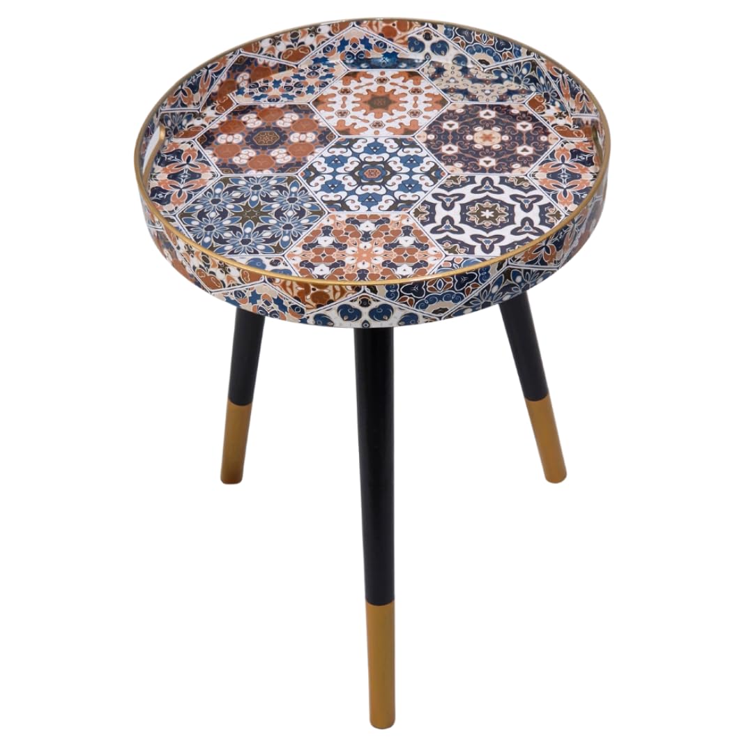 Heaven4you Round Side Table 38cm Boho Mosaic Black Gold Legs Small Spaces