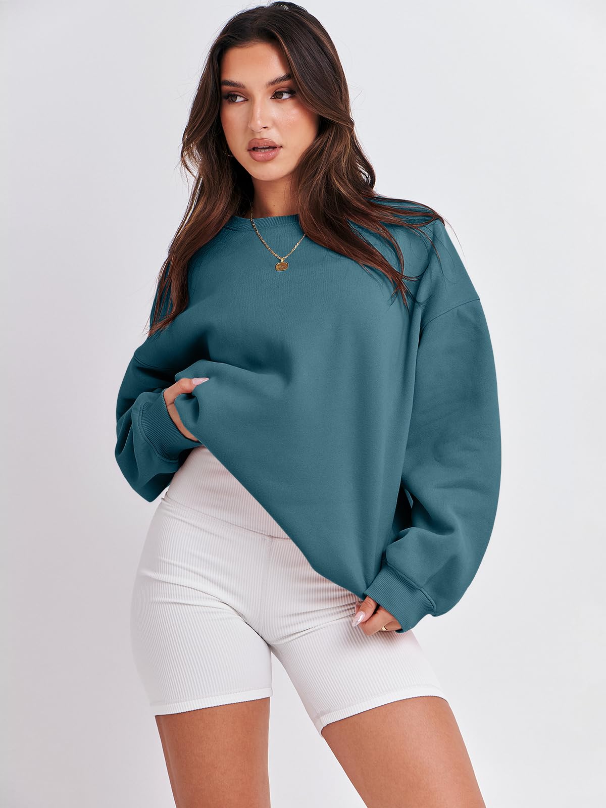Damskie bluzy oversize bluzy z kapturem polar okrągły dekolt sweter top codzienne jesienne stroje preppy ubrania nastolatki 2024 A1019 światło, Jeden kolor, Lake Blue_XL