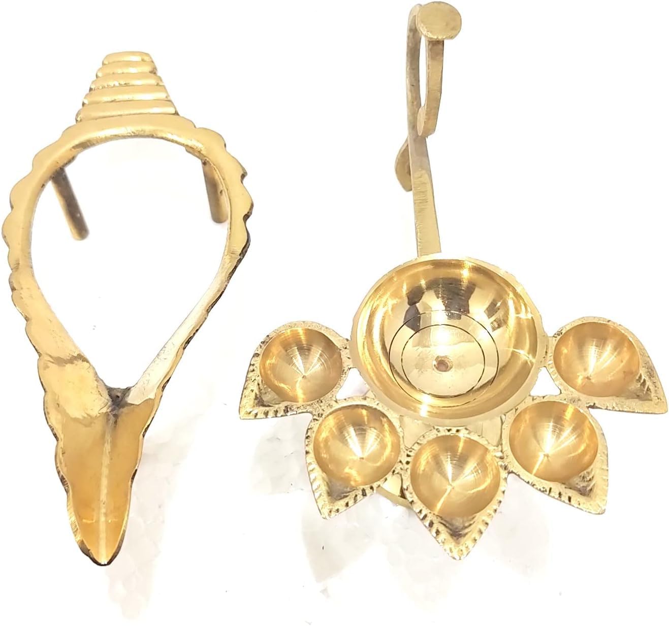 Shank Stand with Brass Panch Aarti Lamp Pancharti Diya Oil Lamp Panch aarti Jyoti Puja Diya Size 5 inch