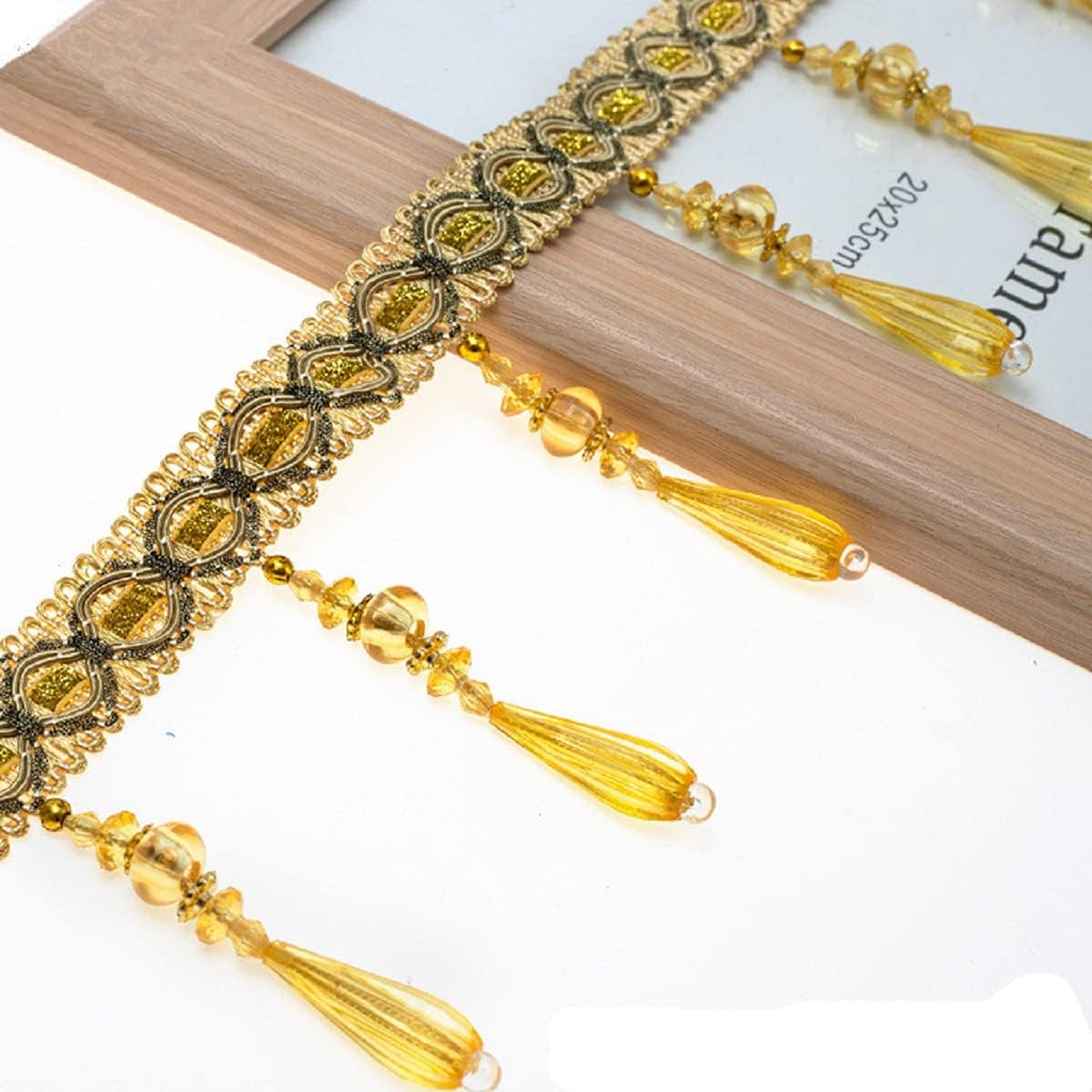 Yalulu 4 Yards Braid Hanging Beads Pendant Tassel Trim Hanging Ball Fringe Fabric Ribbon Trimming DIY Craft Sewing Accessory for Home Curtain Decoration (Gold)