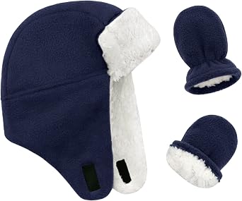Baby Winter Hat Sherpa Toddler Boy Trapper Hats and Mittens Set Warm Fleece Infant Beanie Gloves