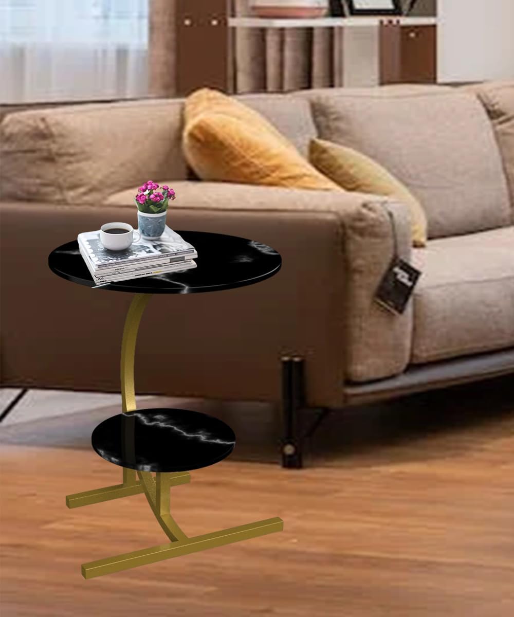 2 layers round marble texture small c-shaped side table,snack side table, end table for sofa side table,bedside table for living room kitchen garden bedroom