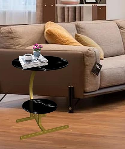 Miniatura 2 de Mesa auxiliar redonda de 2 capas con textura de mármol en forma de C, mesa auxiliar para aperitivos, mesa auxiliar para sofá, mesita de noche para