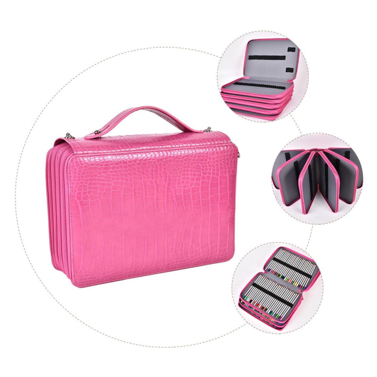 Trousse De Rangement Multifonctionnelle avec Compartiments pour Stylos Sac à Crayons Portable Rose pour Fournitures Scolaires Et Artistiques
