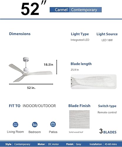 Miniatura 6 de Sofucor - Ventilador de techo moderno sin luces y con control remoto, de 52 pulgadas, con 3 aspas y motor CC reversible y silencioso, para