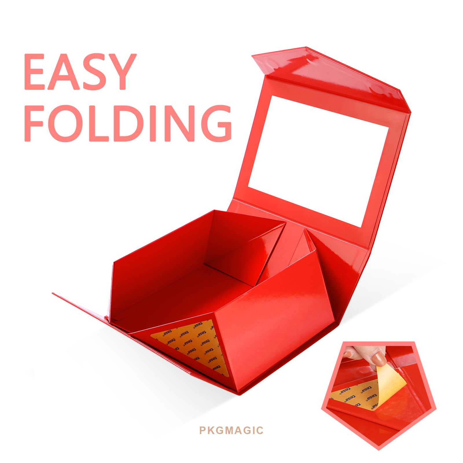 PKGMAGIC 5 rote Geschenkboxen mit Fenster, 22,8 x 16,5 x 9,6 cm, klare Geschenkboxen für die Präsenz, Geschenkboxen für Brautjungfer, Geschenkboxen mit magnetischem Deckel