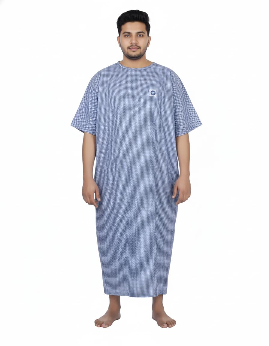 Patient gown Free Size Hospital Wear both side wearable cotton Quality(Blue checks)