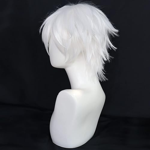 Miniatura 4 de Anogol Gorro de pelo + peluca corta blanca para hombres, peluca blanca para cosplay, peluca blanca corta para Halloween, evento de Navidad, fiesta