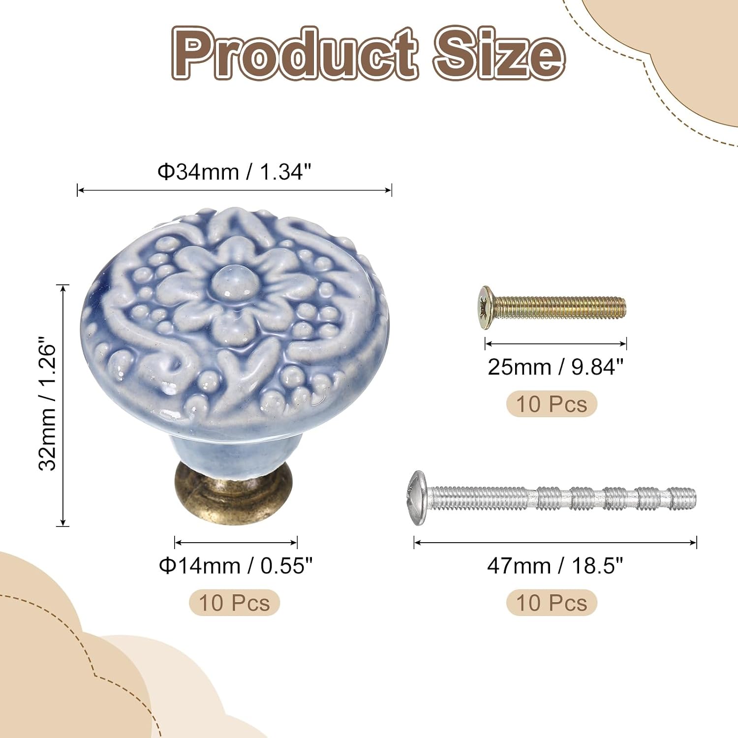 uxcell 10Pcs Ceramic Knobs, 34mm/1.34" Flower Pattern Mushroom Knob Raised Base Drawer Pull Handle Vintage Wardrobe Knobs with Screws for Vanity Bedroom Furniture Closet, Gray