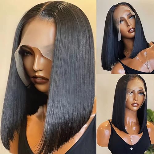 Short Bob Wig Human Hair 13x4 Lace Front Wigs Human Hair 150% Density Brazilian Virgin Straight Bob for Black Women Pre Plucked with Baby Hair Natural Black 14inch